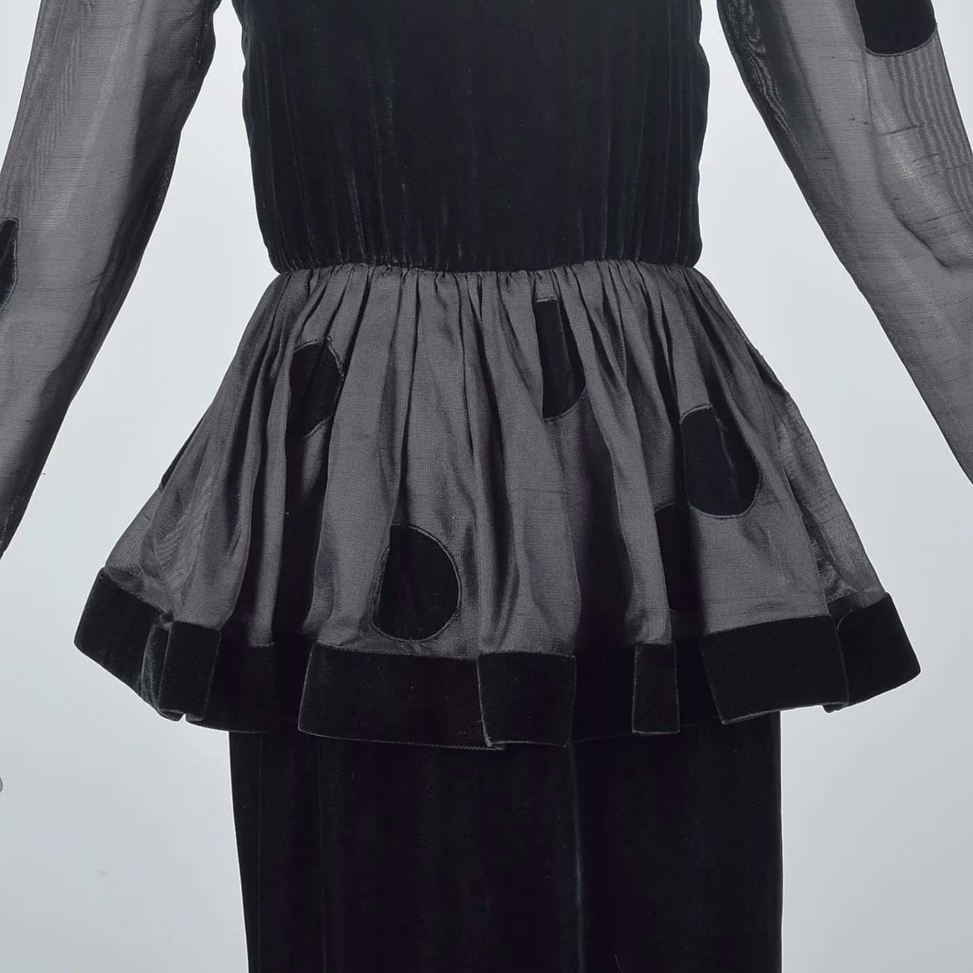 1980s Bill Blass Black Velvet Polka Dot Evening Gown with Peplum Waist
