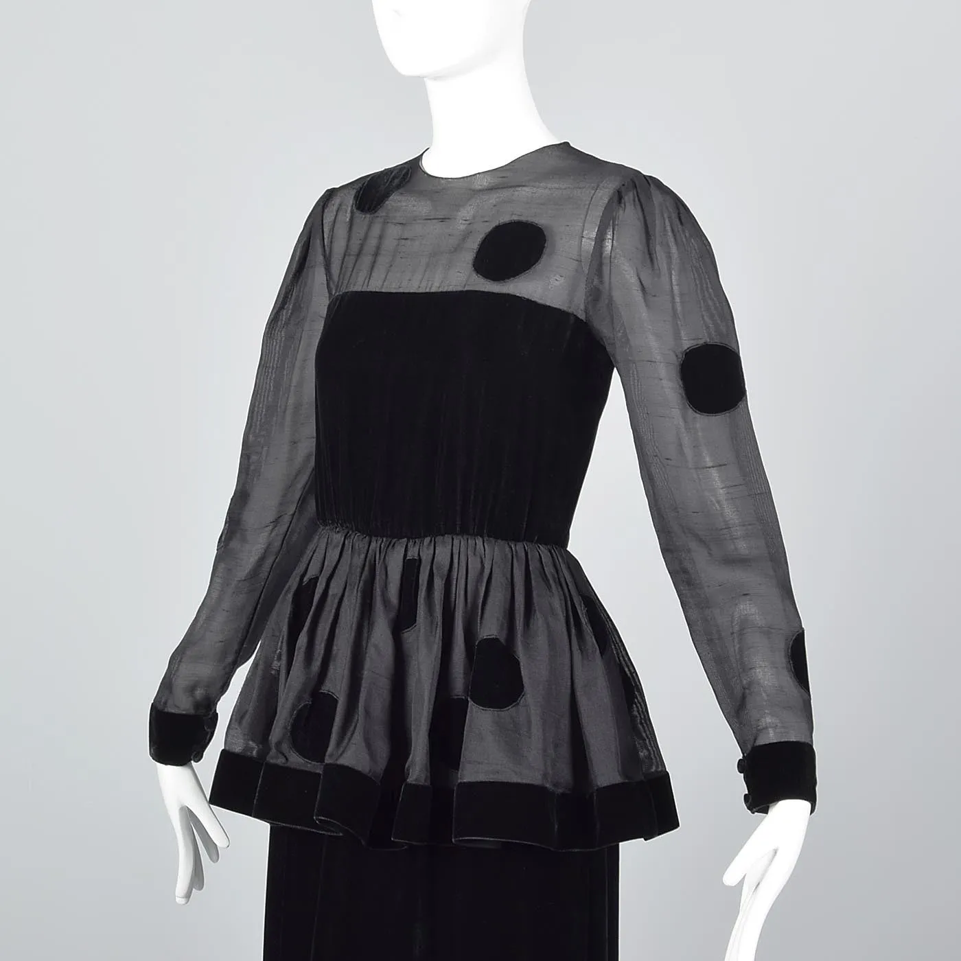 1980s Bill Blass Black Velvet Polka Dot Evening Gown with Peplum Waist