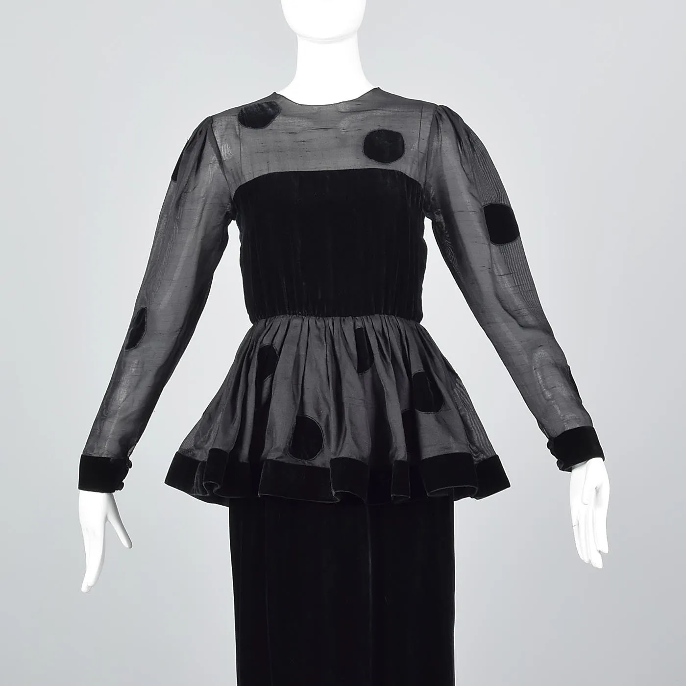 1980s Bill Blass Black Velvet Polka Dot Evening Gown with Peplum Waist