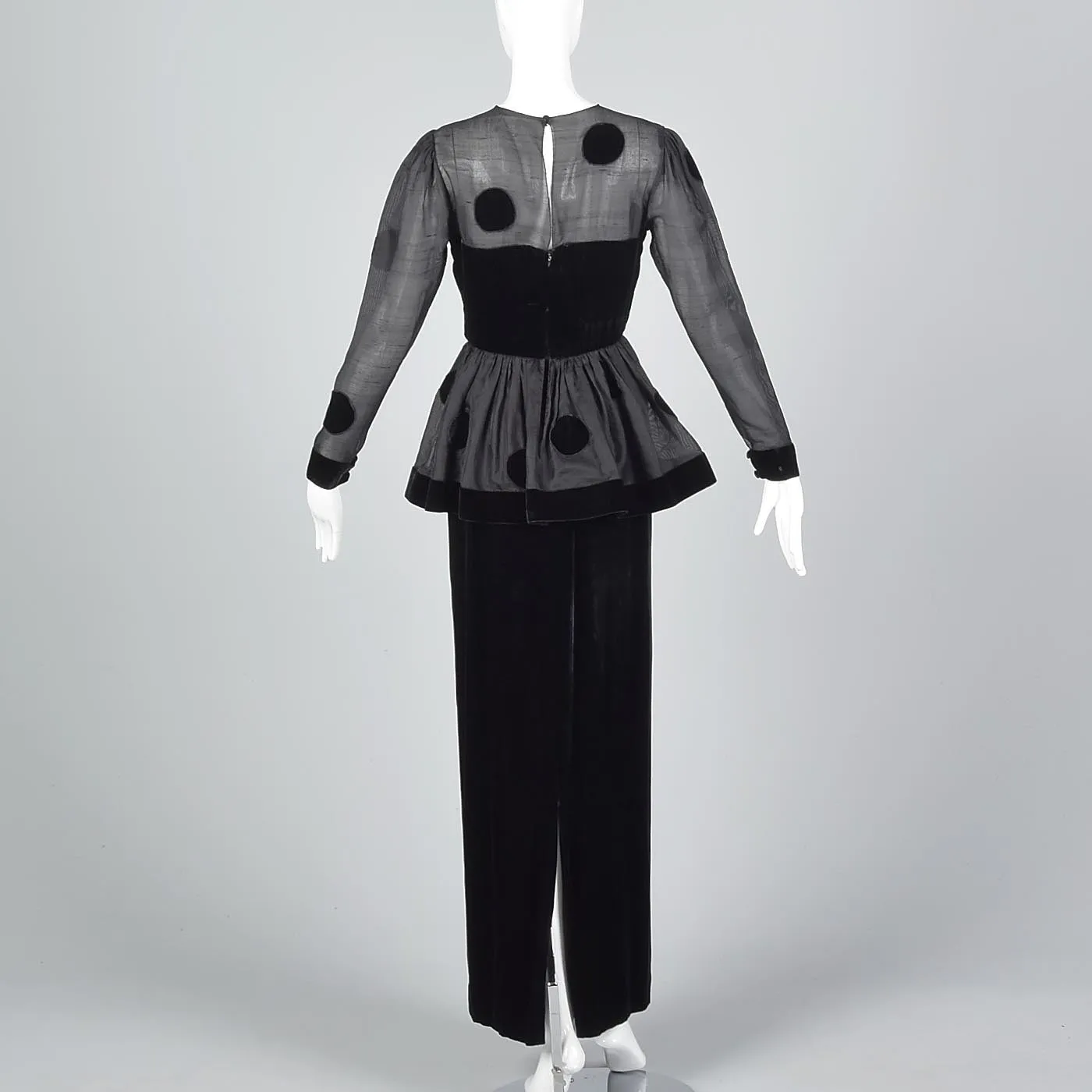 1980s Bill Blass Black Velvet Polka Dot Evening Gown with Peplum Waist