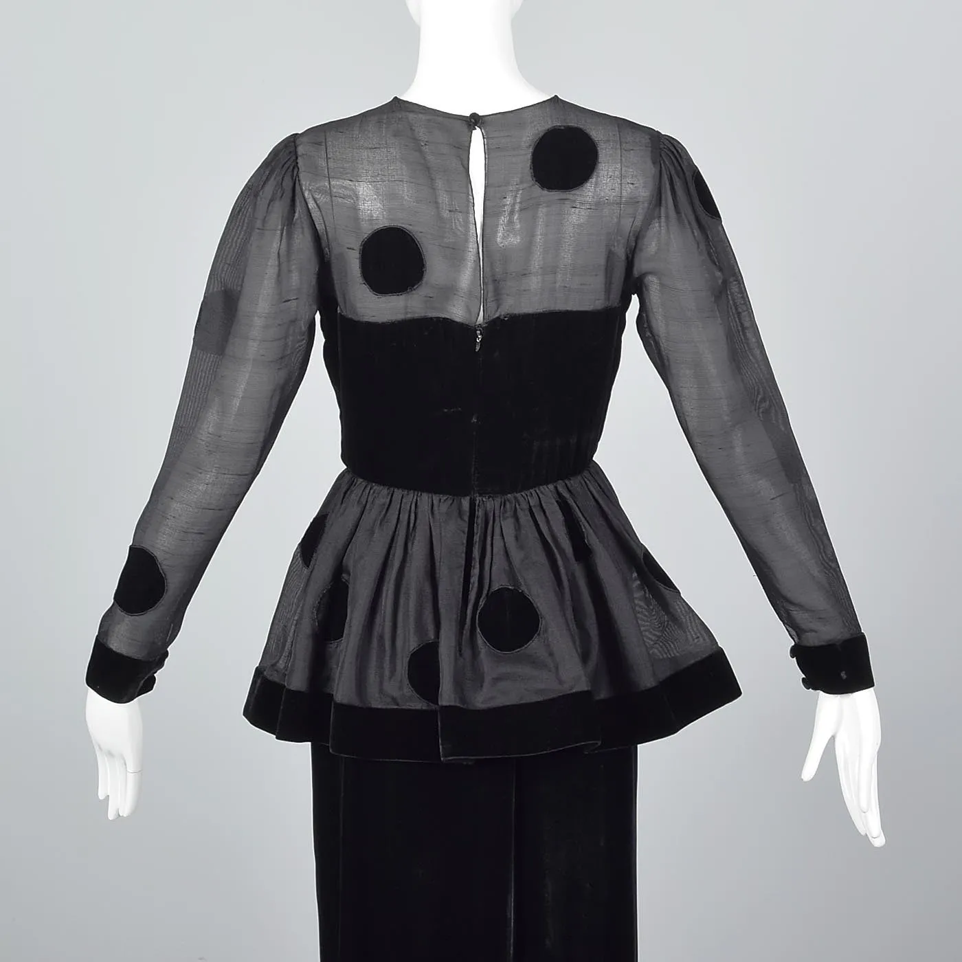 1980s Bill Blass Black Velvet Polka Dot Evening Gown with Peplum Waist