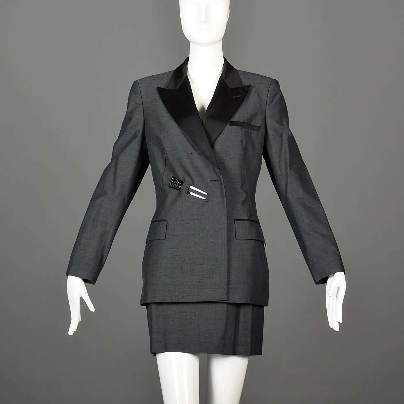 1990s Jean Paul Gaultier Classique Black Mini Skirt Suit with a Tuxedo Style Jacket