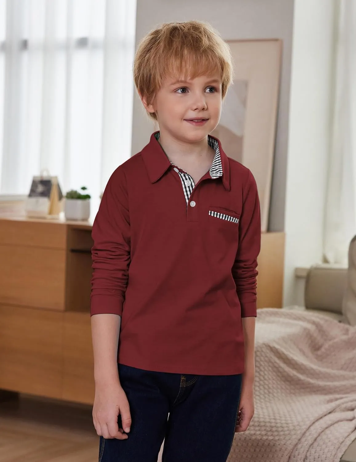 Arshiner Boy's Long Sleeve Plaid Trim Polo Shirt