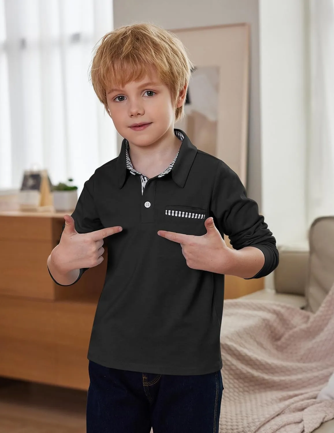 Arshiner Boy's Long Sleeve Plaid Trim Polo Shirt