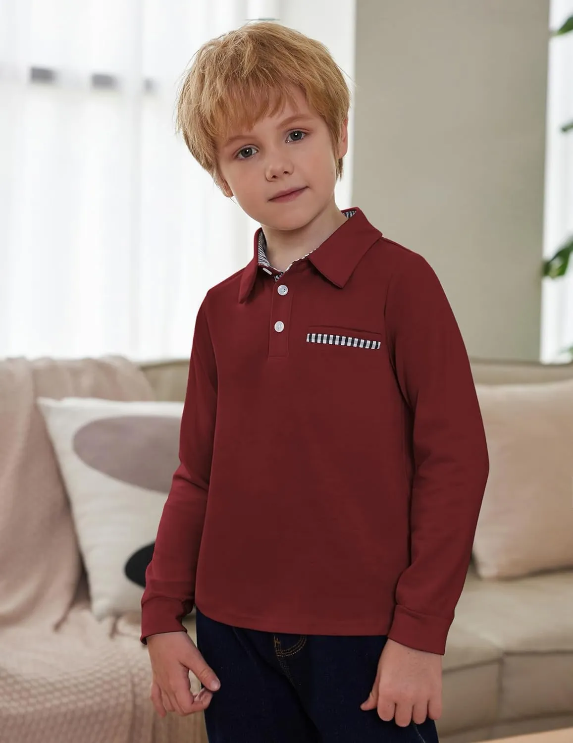 Arshiner Boy's Long Sleeve Plaid Trim Polo Shirt