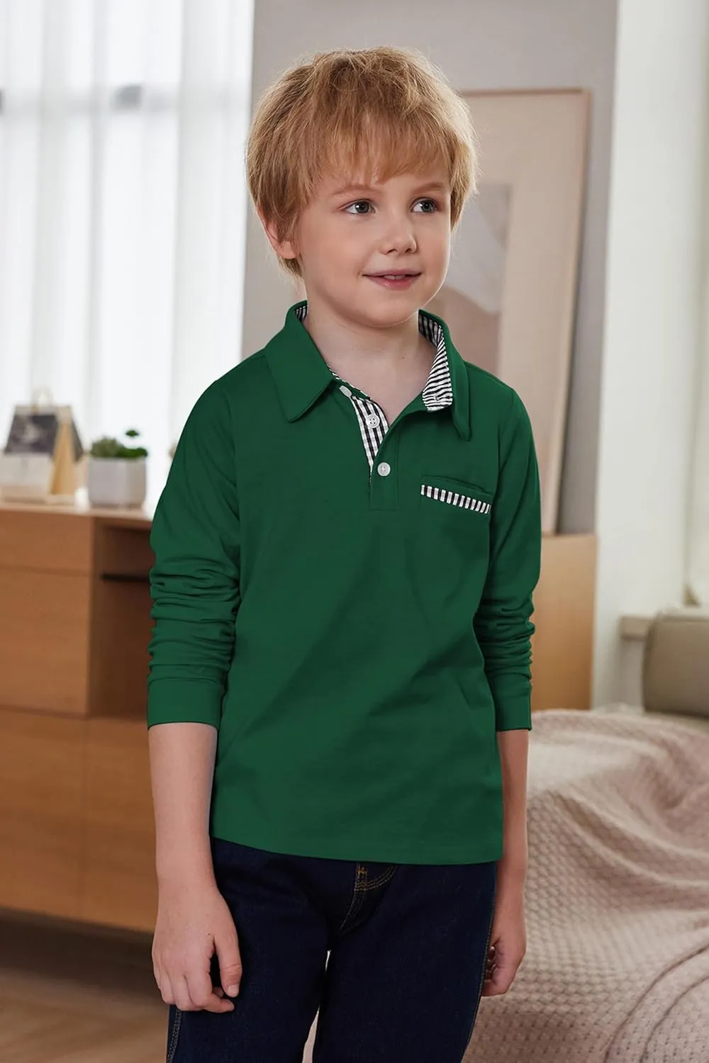 Arshiner Boy's Long Sleeve Plaid Trim Polo Shirt