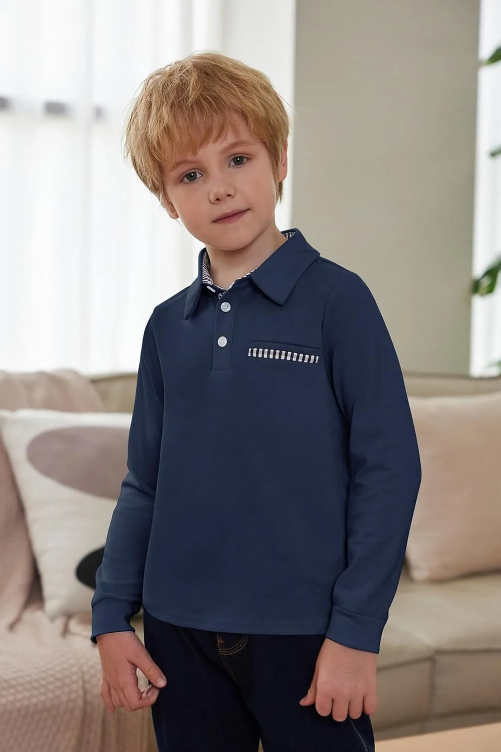 Arshiner Boy's Long Sleeve Plaid Trim Polo Shirt