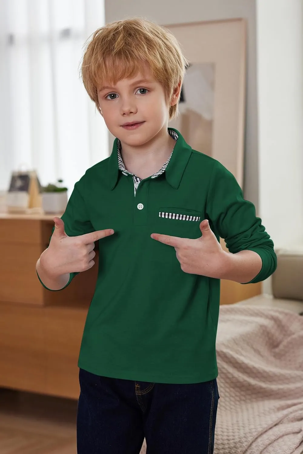 Arshiner Boy's Long Sleeve Plaid Trim Polo Shirt