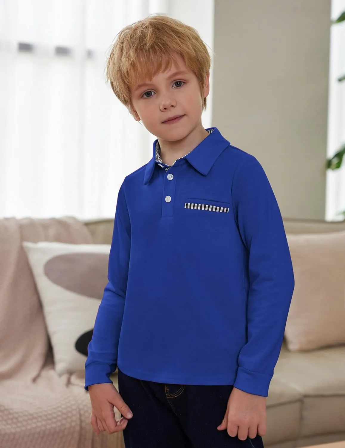 Arshiner Boy's Long Sleeve Plaid Trim Polo Shirt