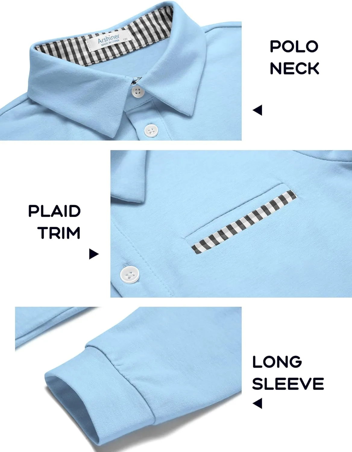 Arshiner Boy's Long Sleeve Plaid Trim Polo Shirt