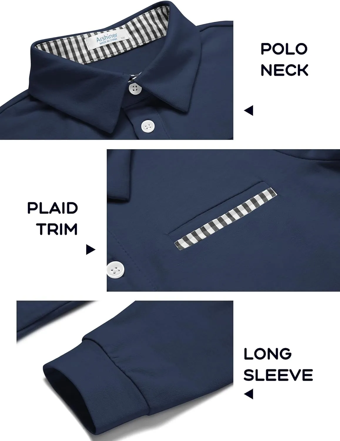 Arshiner Boy's Long Sleeve Plaid Trim Polo Shirt