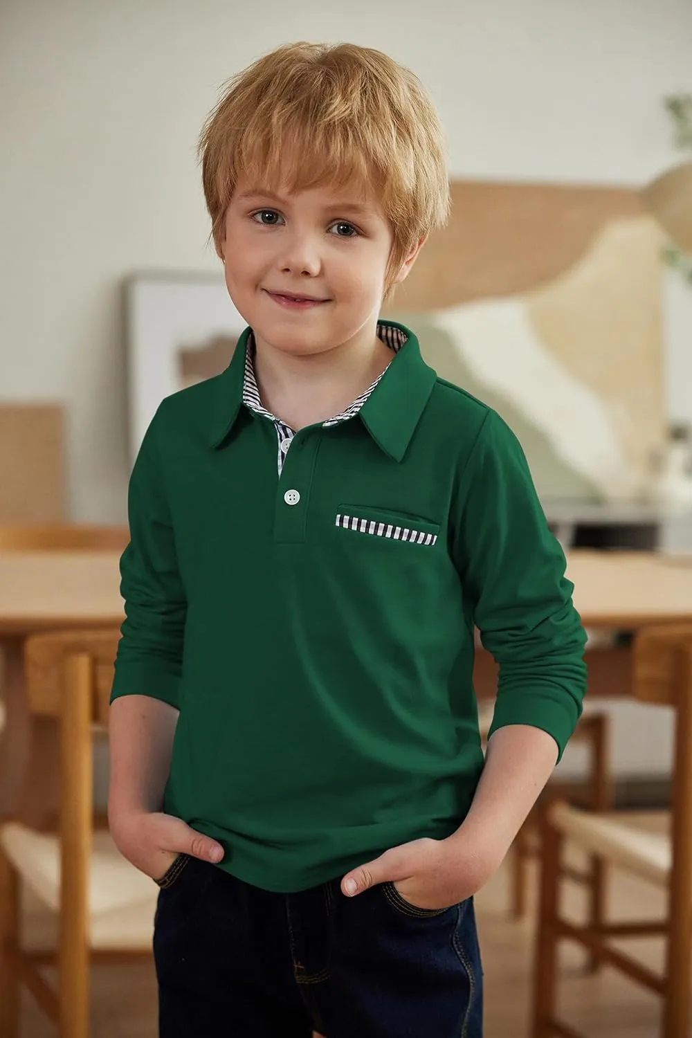 Arshiner Boy's Long Sleeve Plaid Trim Polo Shirt