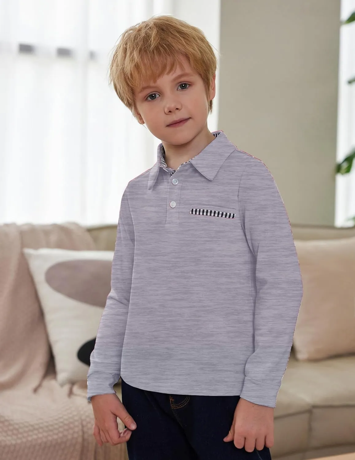 Arshiner Boy's Long Sleeve Plaid Trim Polo Shirt