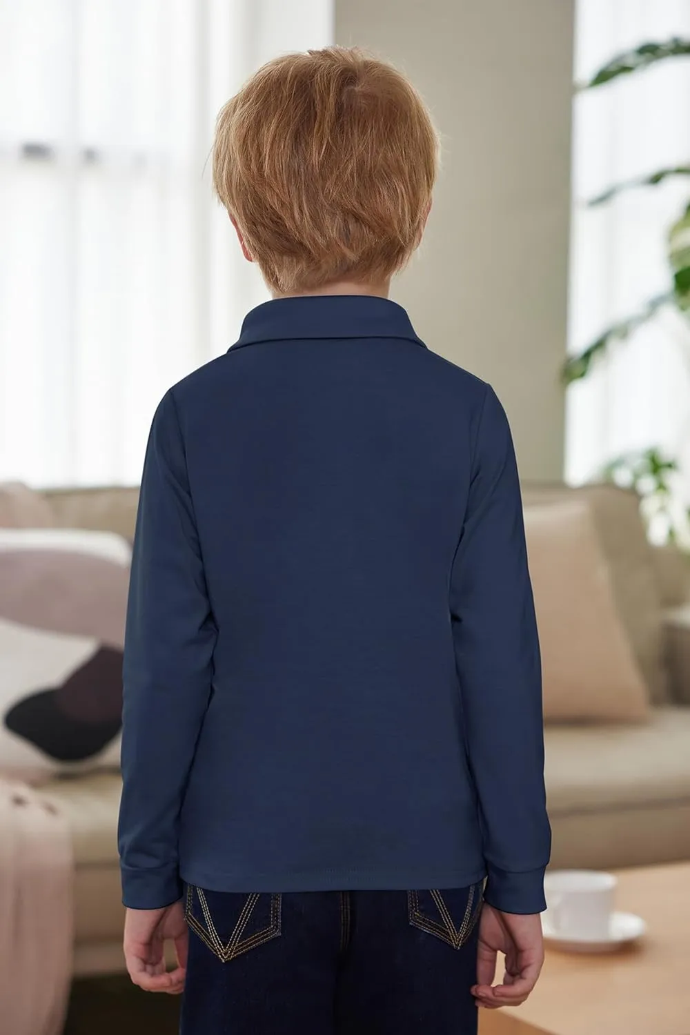 Arshiner Boy's Long Sleeve Plaid Trim Polo Shirt