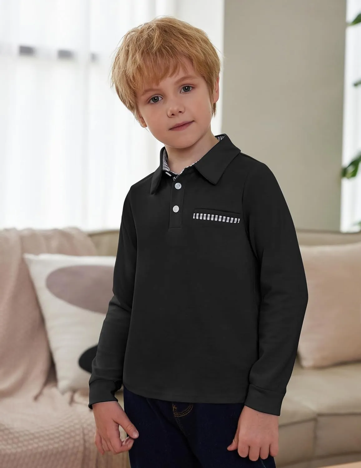 Arshiner Boy's Long Sleeve Plaid Trim Polo Shirt