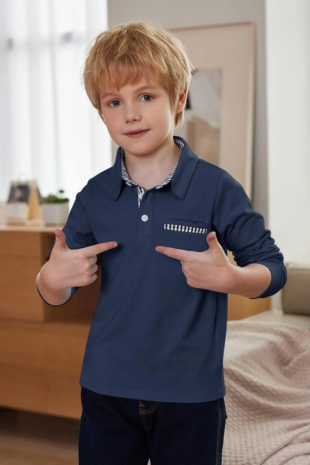 Arshiner Boy's Long Sleeve Plaid Trim Polo Shirt