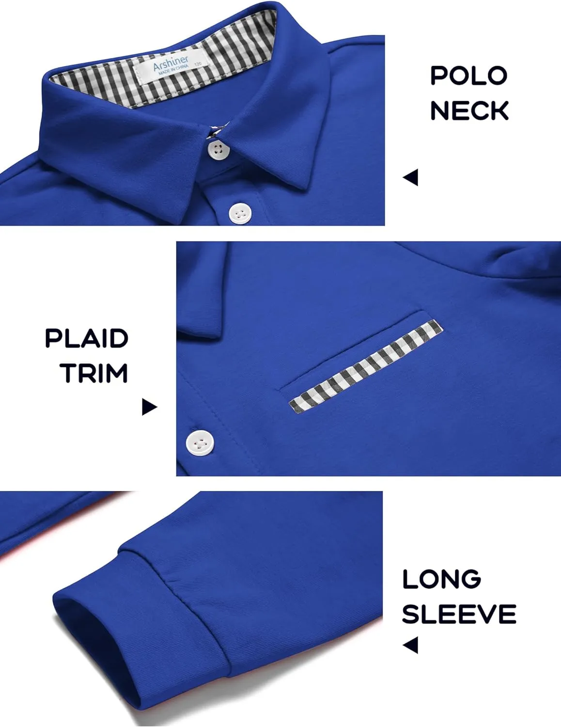 Arshiner Boy's Long Sleeve Plaid Trim Polo Shirt