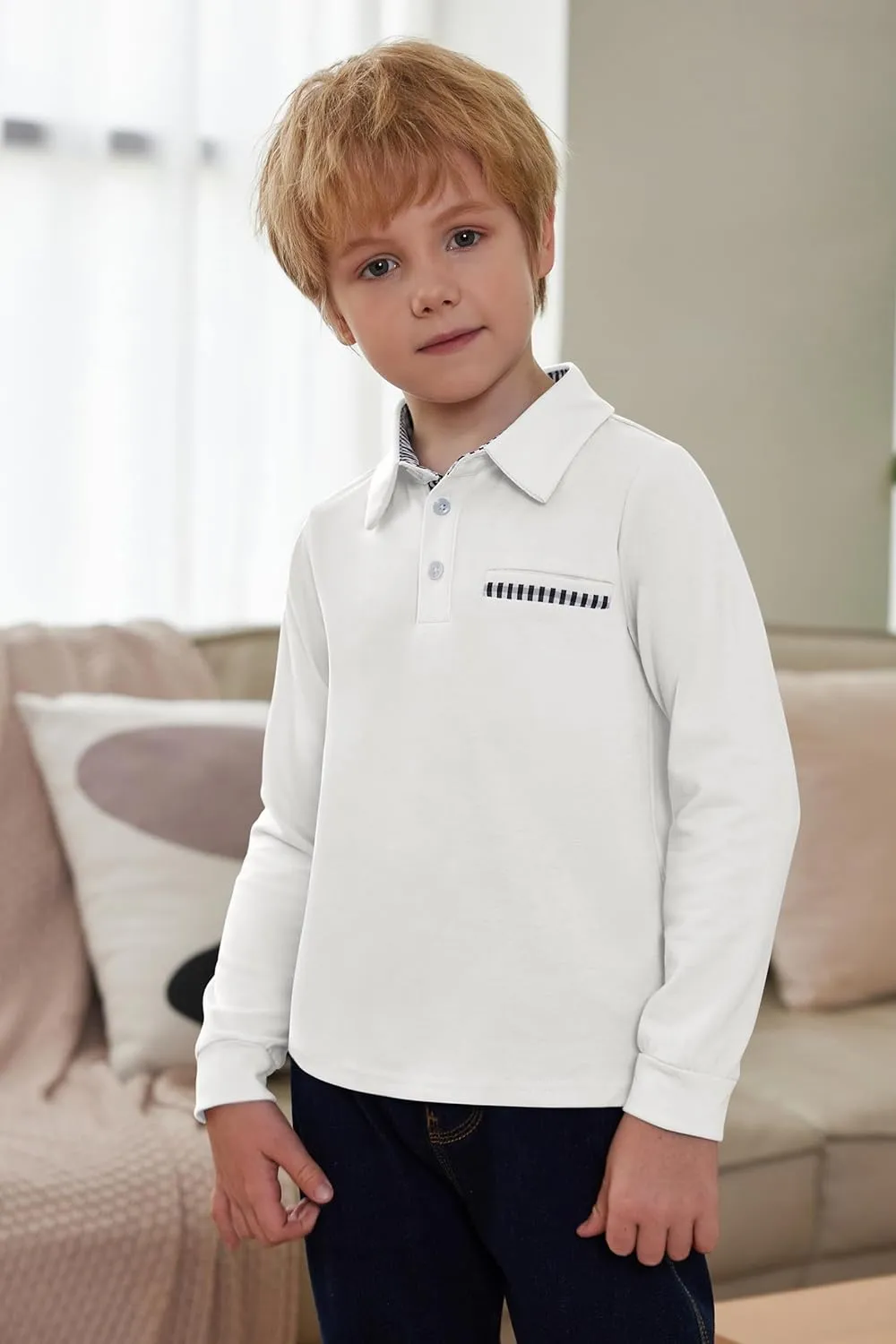 Arshiner Boy's Long Sleeve Plaid Trim Polo Shirt
