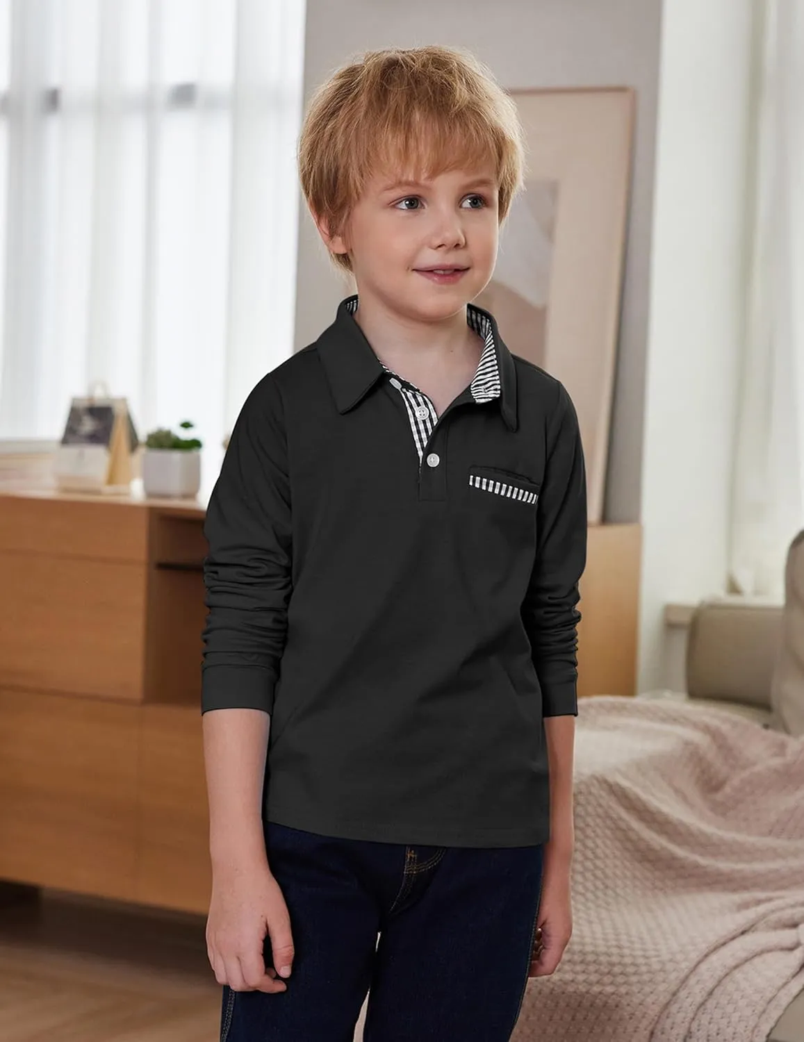 Arshiner Boy's Long Sleeve Plaid Trim Polo Shirt