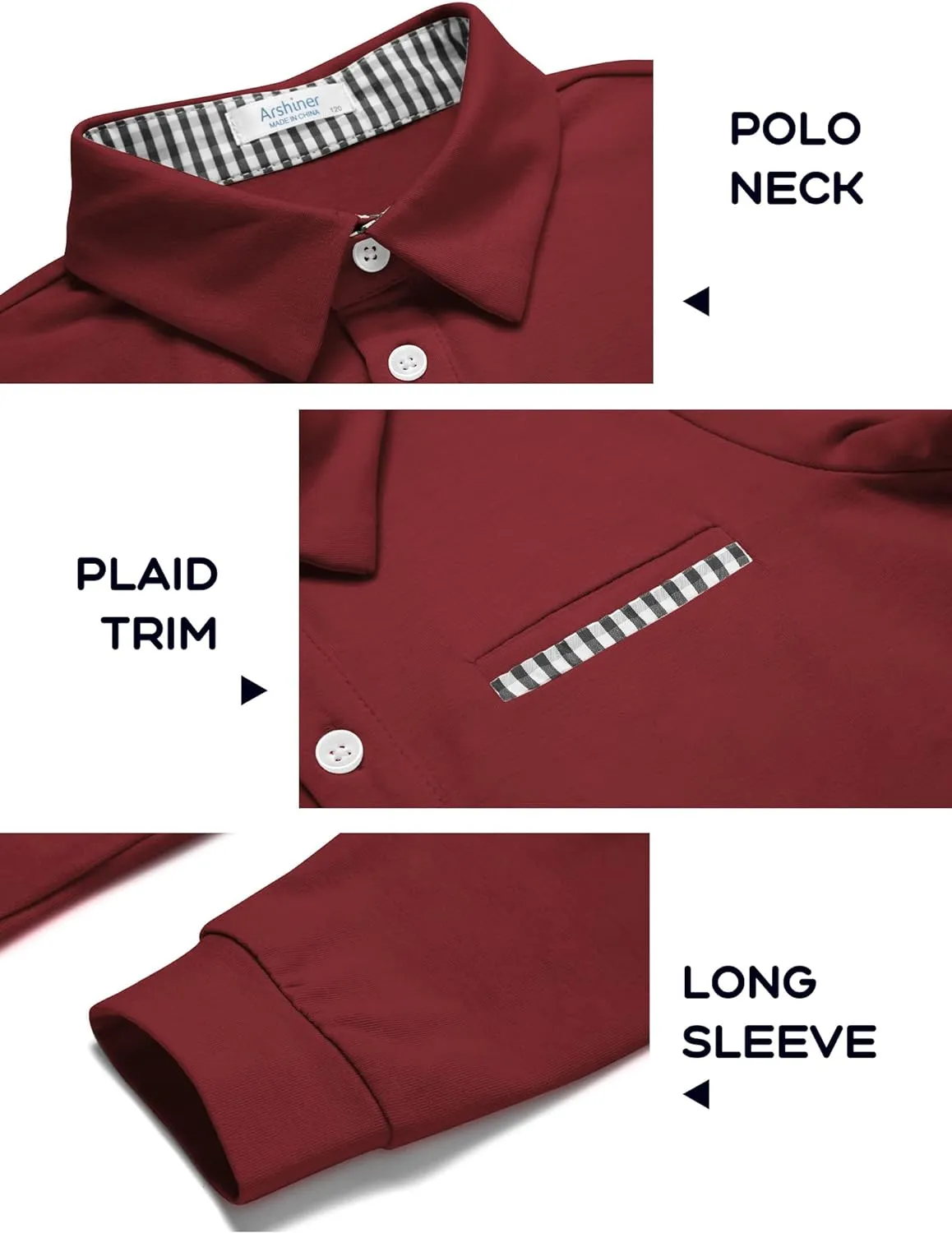 Arshiner Boy's Long Sleeve Plaid Trim Polo Shirt