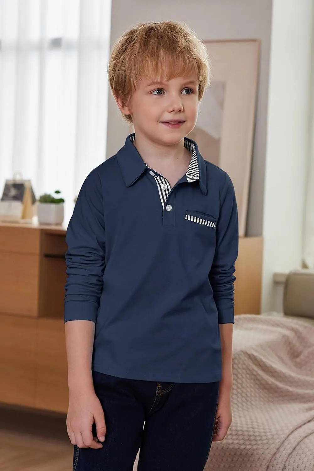 Arshiner Boy's Long Sleeve Plaid Trim Polo Shirt
