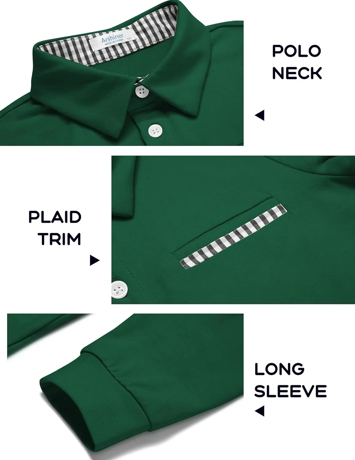 Arshiner Boy's Long Sleeve Plaid Trim Polo Shirt
