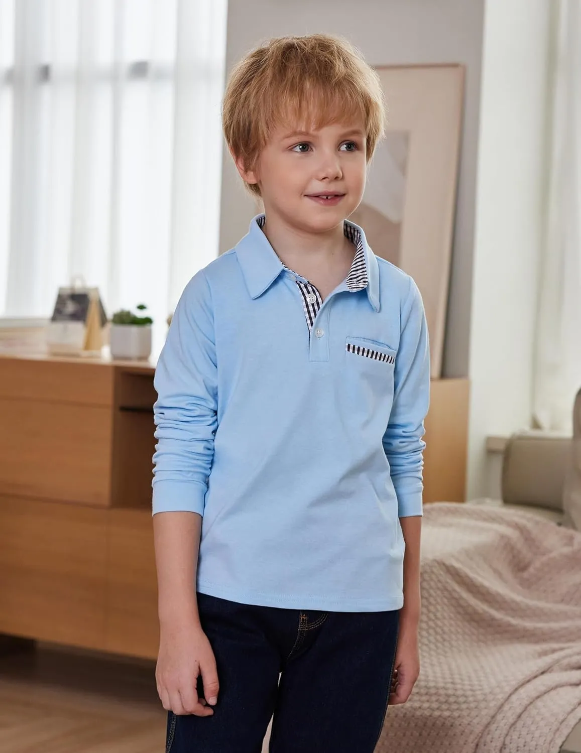 Arshiner Boy's Long Sleeve Plaid Trim Polo Shirt