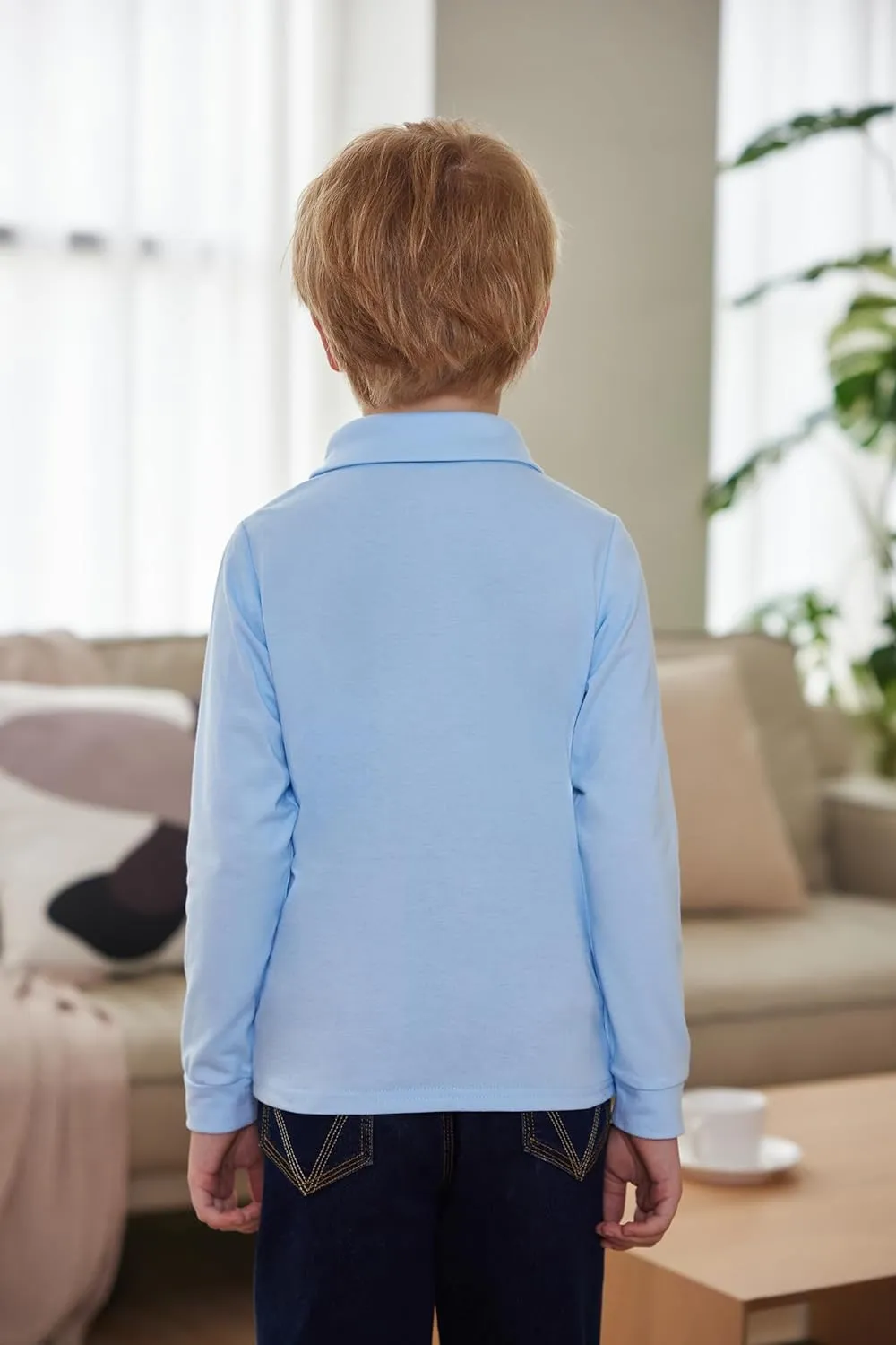 Arshiner Boy's Long Sleeve Plaid Trim Polo Shirt