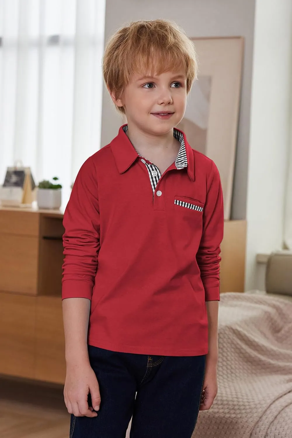 Arshiner Boy's Long Sleeve Plaid Trim Polo Shirt