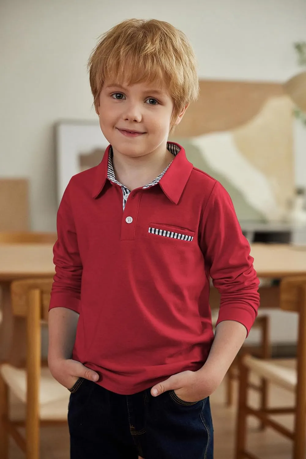 Arshiner Boy's Long Sleeve Plaid Trim Polo Shirt