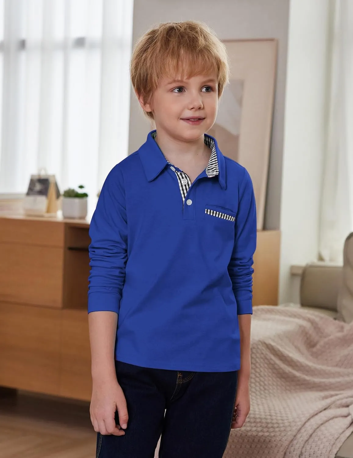 Arshiner Boy's Long Sleeve Plaid Trim Polo Shirt