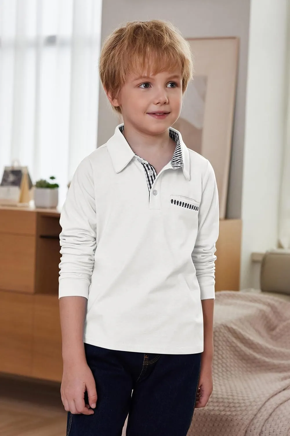 Arshiner Boy's Long Sleeve Plaid Trim Polo Shirt