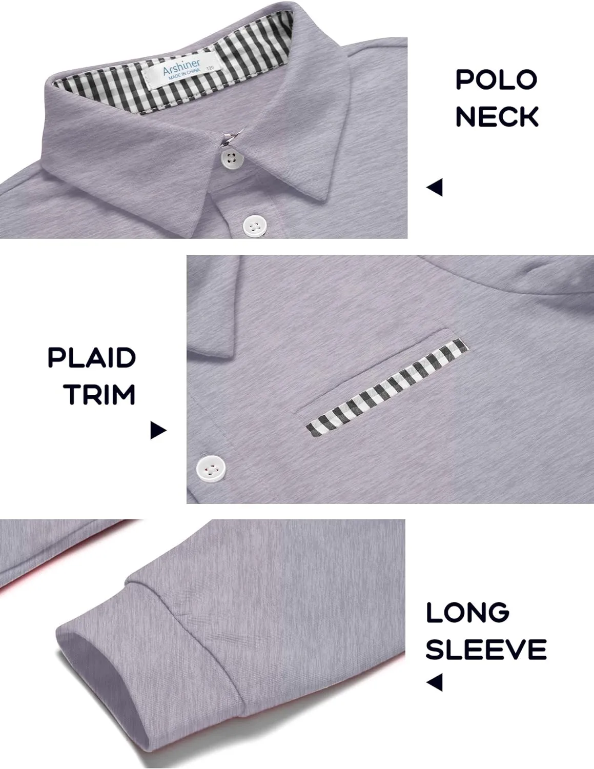 Arshiner Boy's Long Sleeve Plaid Trim Polo Shirt