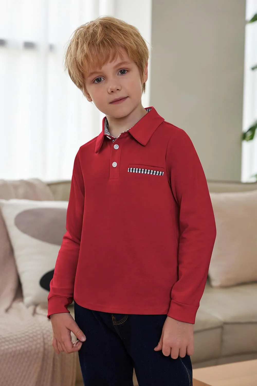Arshiner Boy's Long Sleeve Plaid Trim Polo Shirt