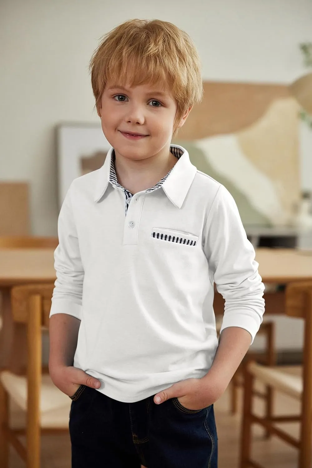 Arshiner Boy's Long Sleeve Plaid Trim Polo Shirt