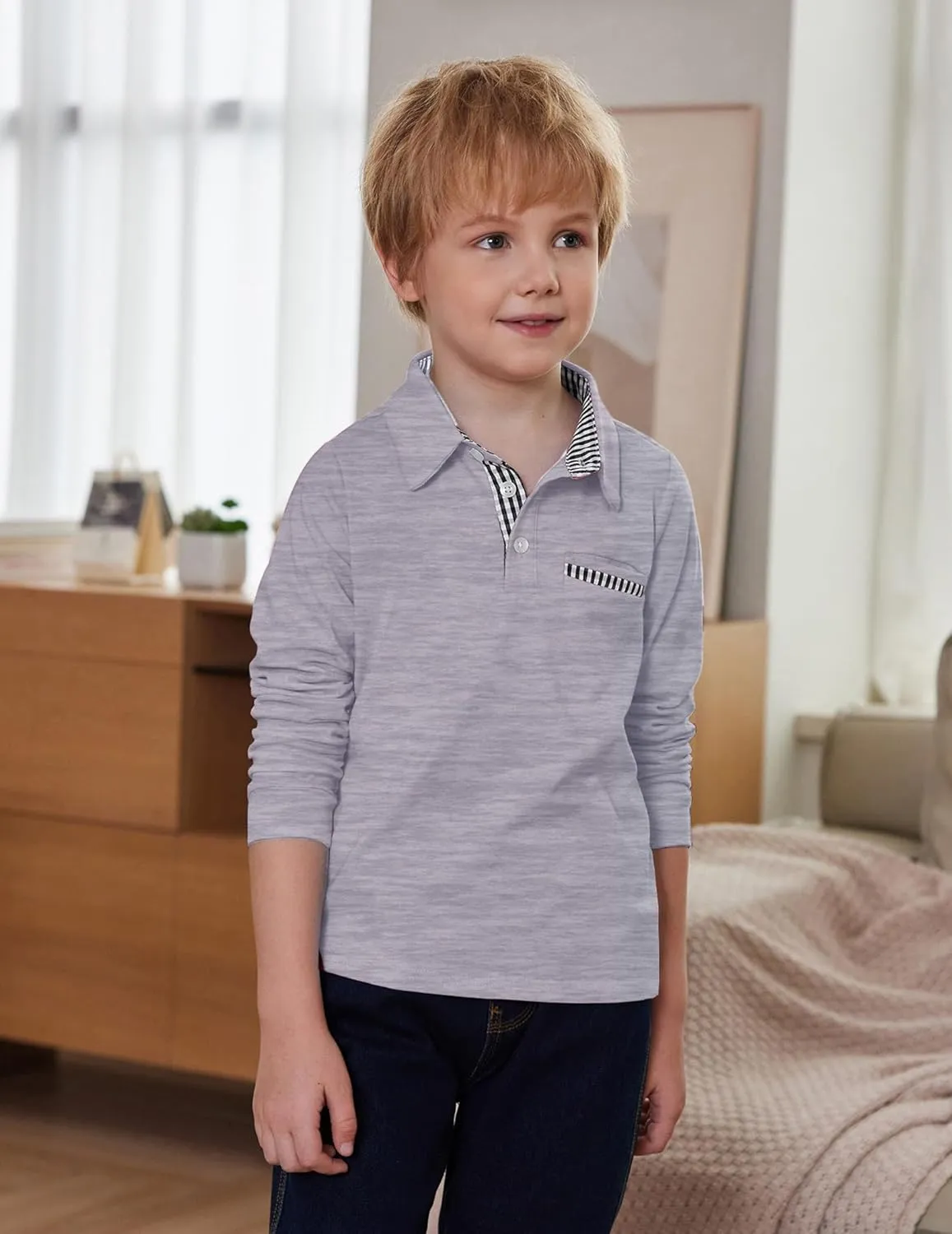 Arshiner Boy's Long Sleeve Plaid Trim Polo Shirt