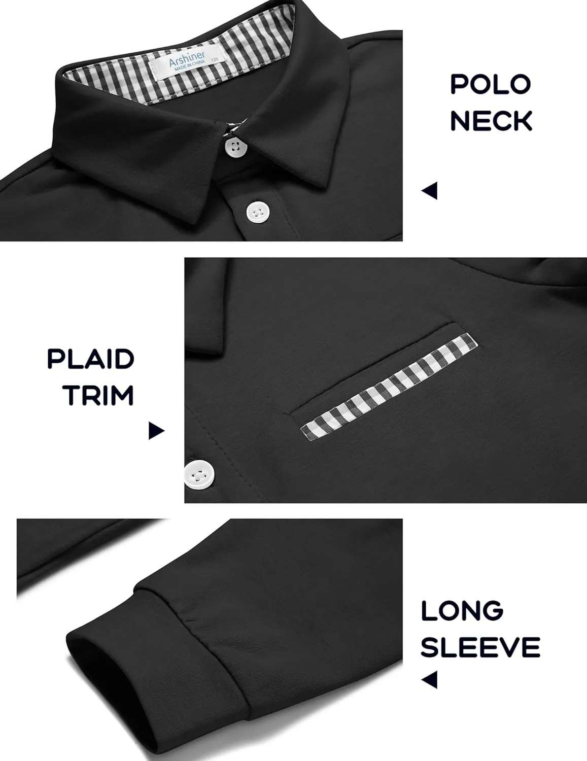 Arshiner Boy's Long Sleeve Plaid Trim Polo Shirt
