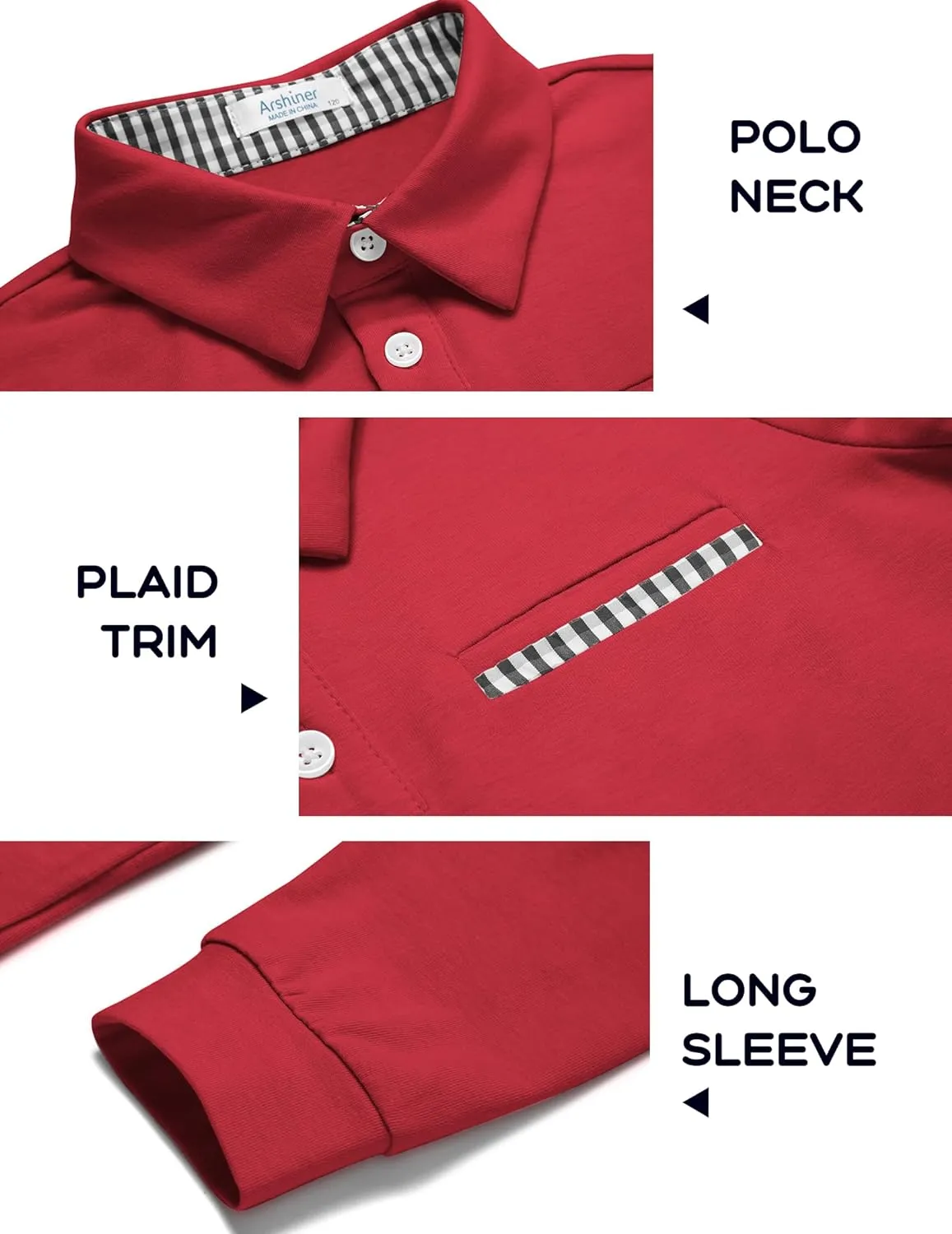 Arshiner Boy's Long Sleeve Plaid Trim Polo Shirt