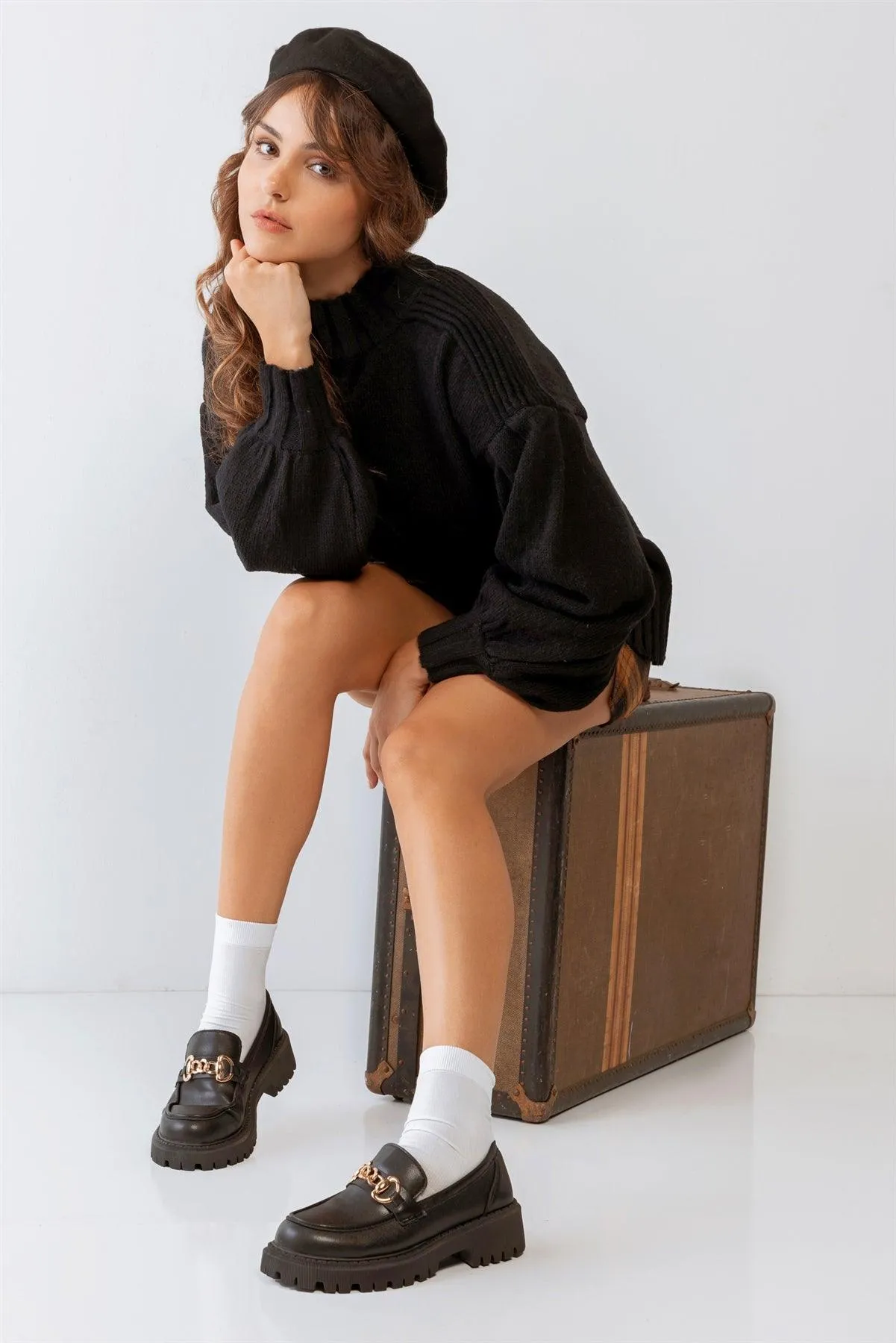 Black Knit Crew Neck Long Sleeve Sweater /2-2-2