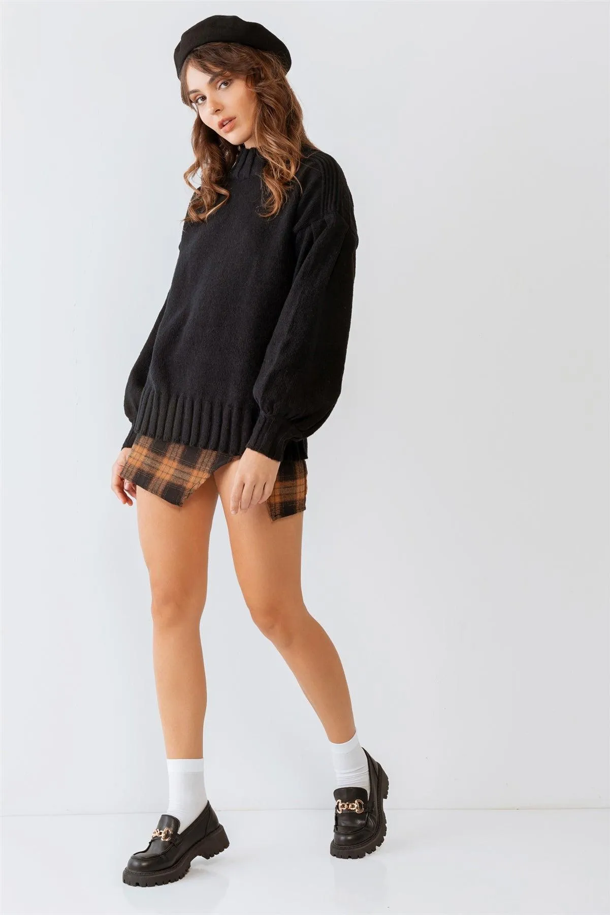 Black Knit Crew Neck Long Sleeve Sweater /2-2-2
