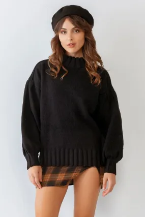 Black Knit Crew Neck Long Sleeve Sweater /2-2-2