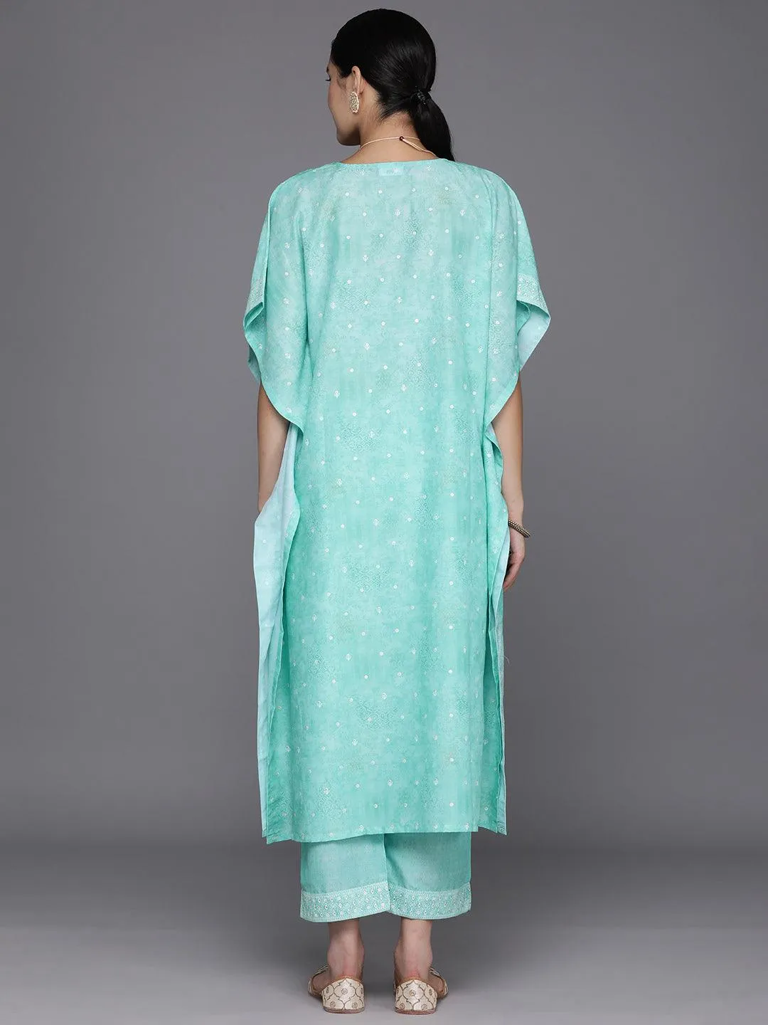 Blue Printed Silk Blend Kaftan Kaftan With Trousers