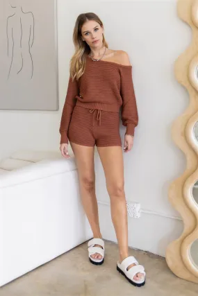 Brown Knit Cold Shoulder Top & Shorts Set /2-2-2