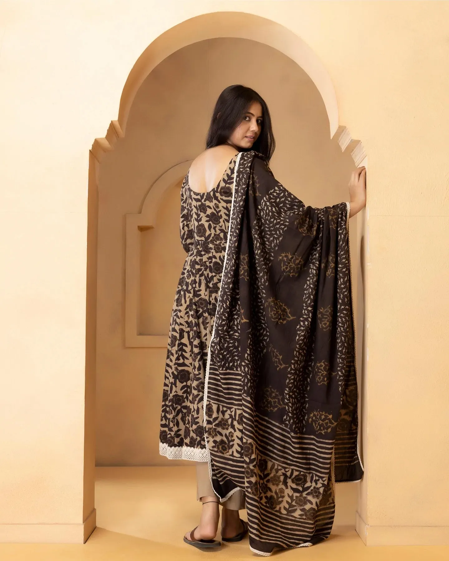 Cotton Black & Biege Printed Anarkali Suit Set with Dupatta