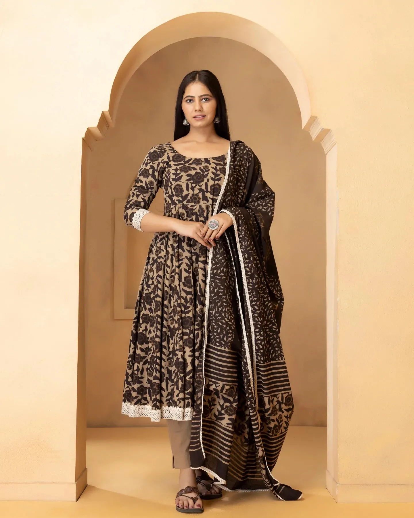 Cotton Black & Biege Printed Anarkali Suit Set with Dupatta
