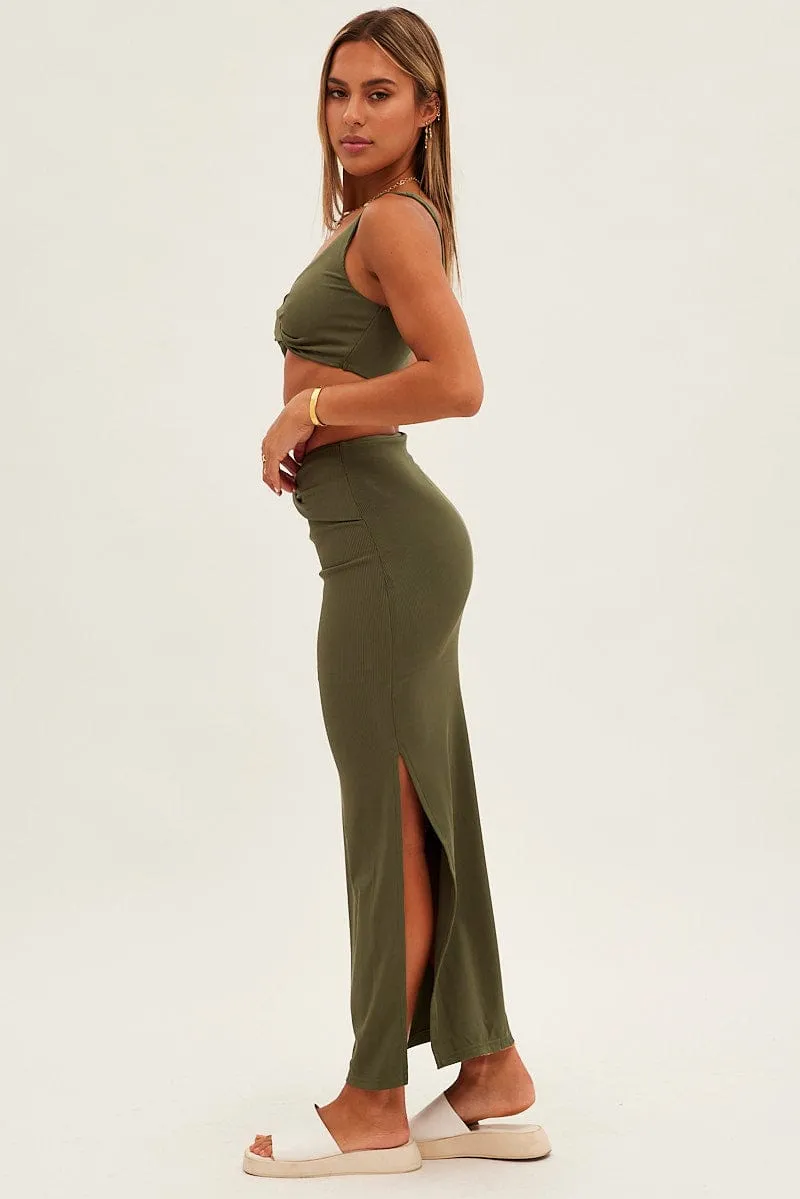 Green Midi Skirt High Rise Pencil Ribbed