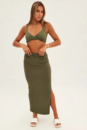 Green Midi Skirt High Rise Pencil Ribbed