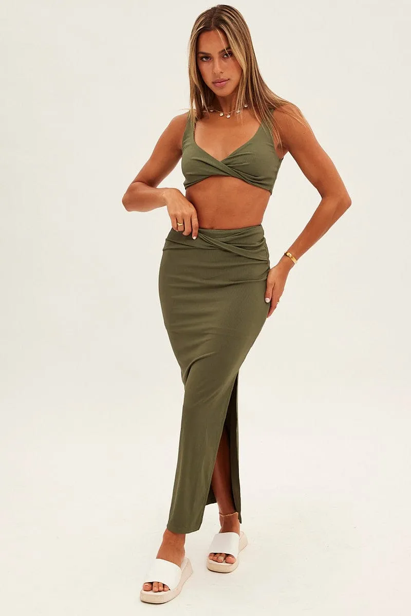 Green Midi Skirt High Rise Pencil Ribbed