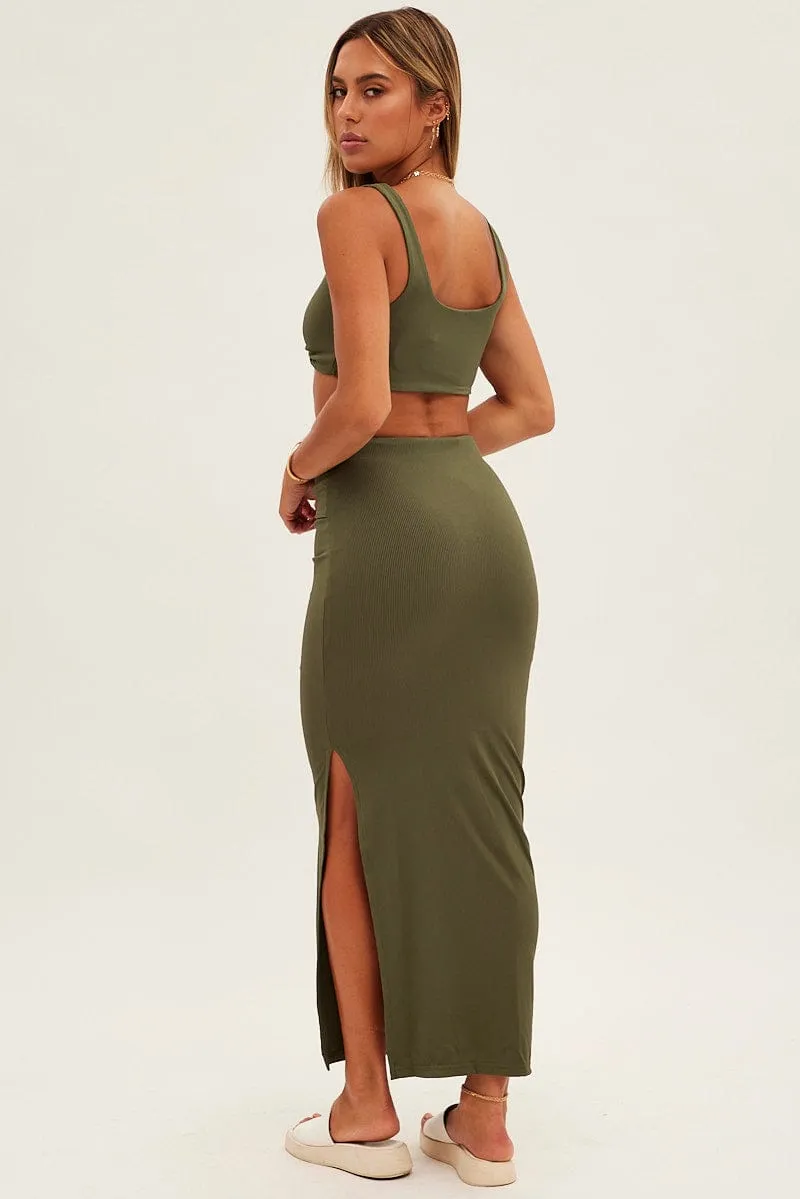 Green Midi Skirt High Rise Pencil Ribbed