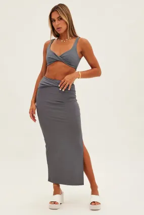 Grey Midi Skirt High Rise Pencil Ribbed